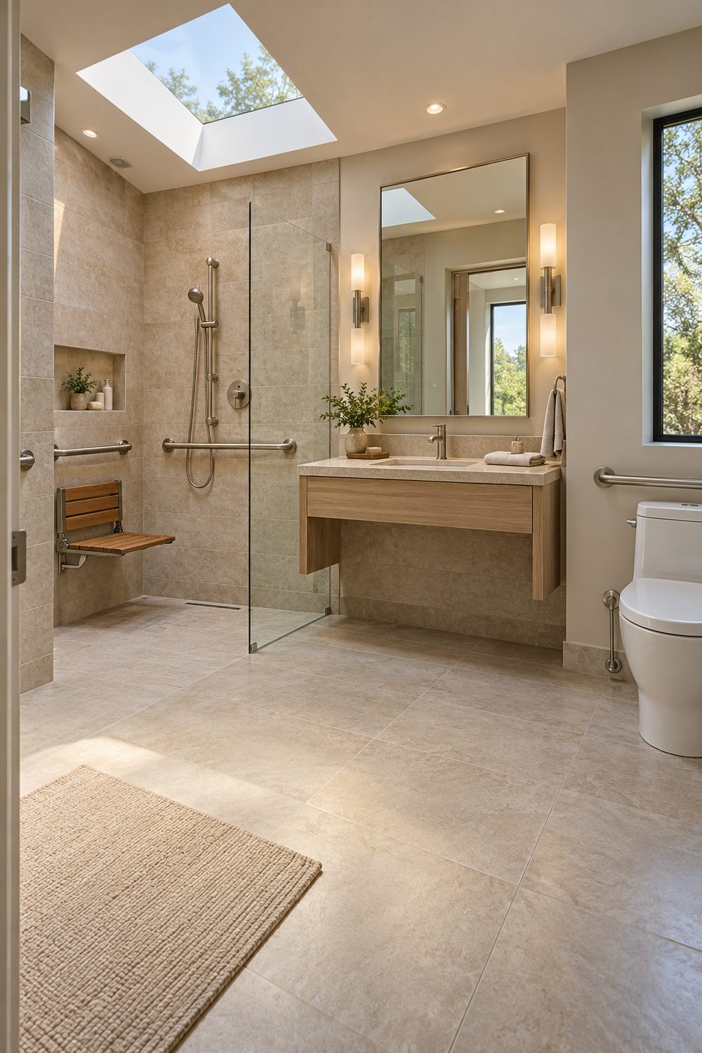 Accessible bathroom with a curbless shower, a fold-down teak seat, grab bars and a floating vanity under a skylight