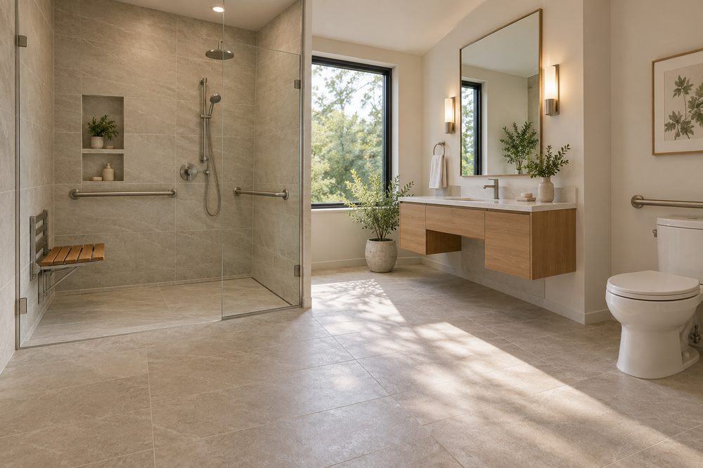 Calm accessible bathroom with a curbless roll-in shower, a fold-down teak seat, brushed nickel grab bars and a floating oak vanity with knee space