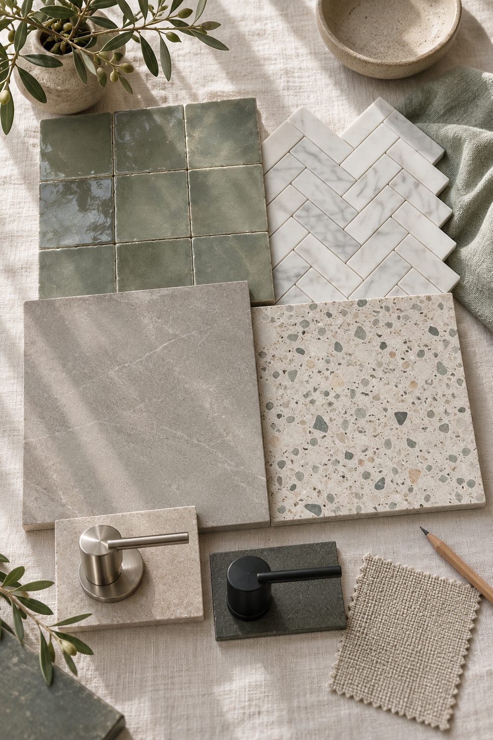 Bathroom tile, stone and fixture finish samples laid out on a table