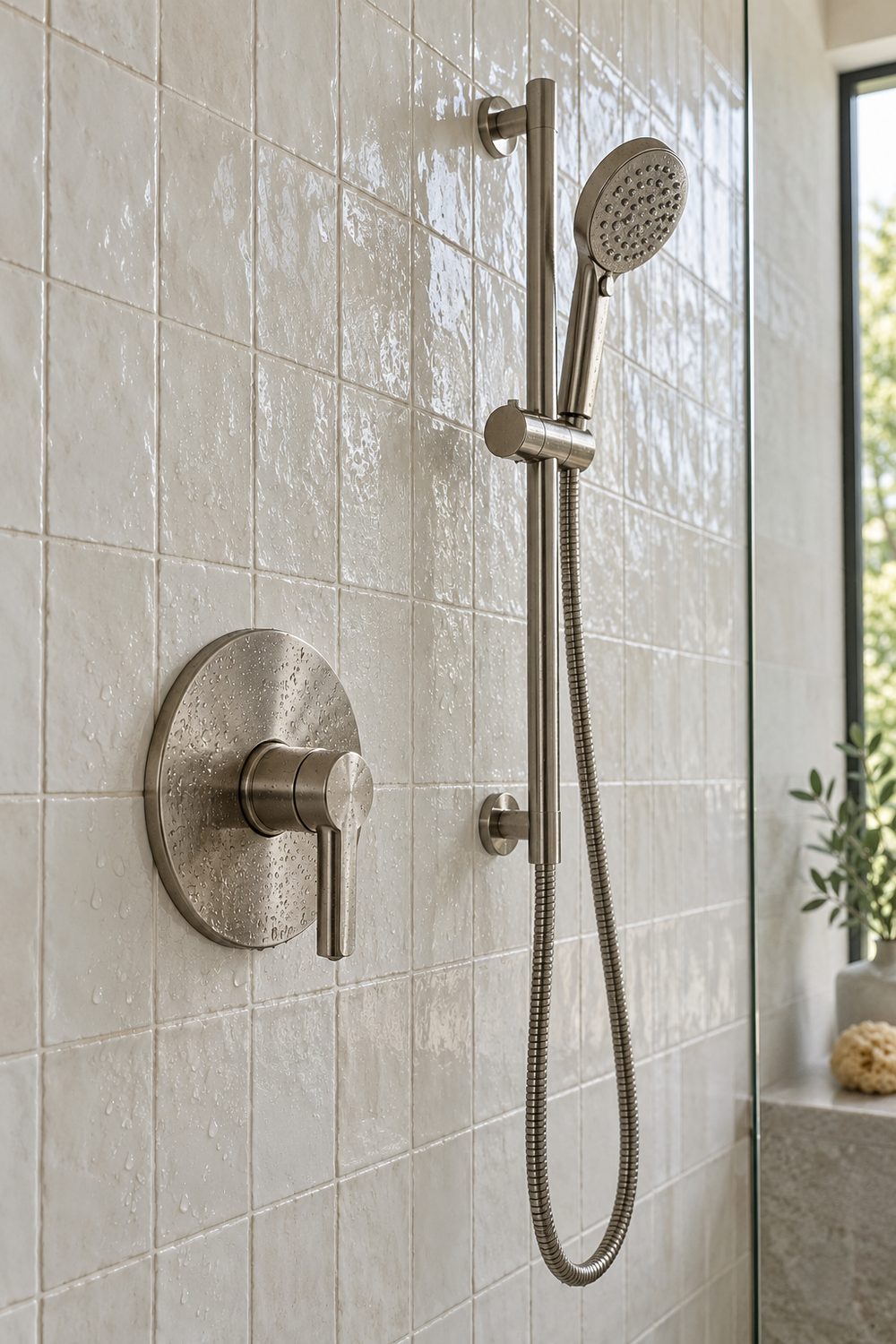 Brushed nickel shower valve and handheld shower on a slide bar against pale tile