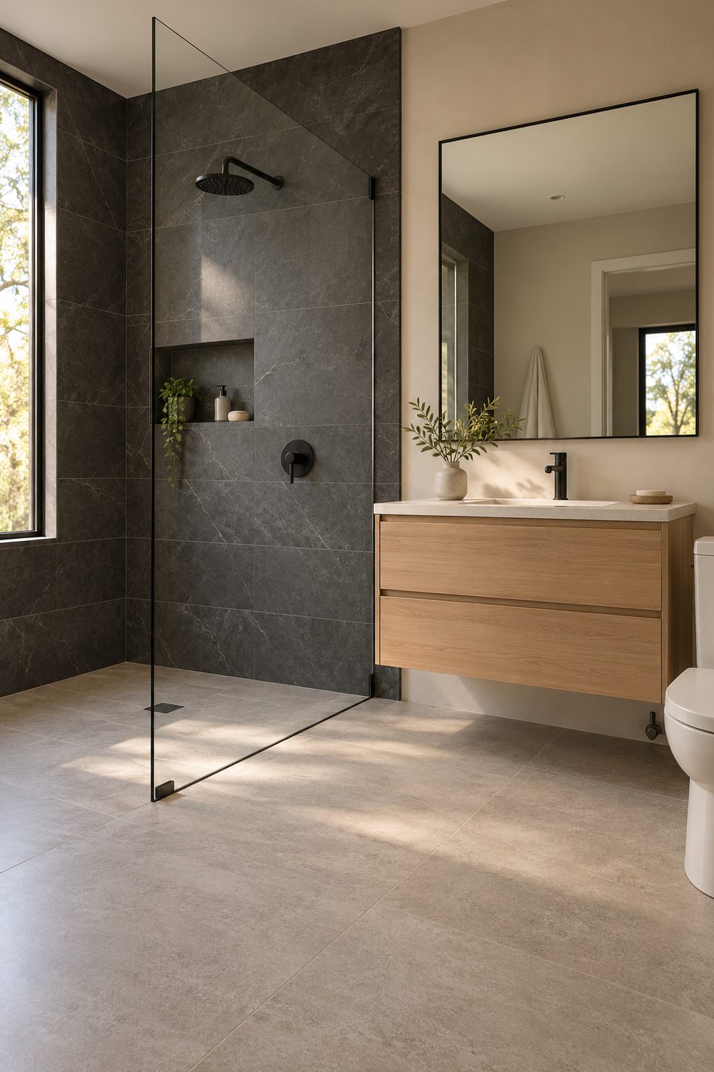 Bathroom with a charcoal tile shower, matte black fixtures, one glass panel and a light oak floating vanity
