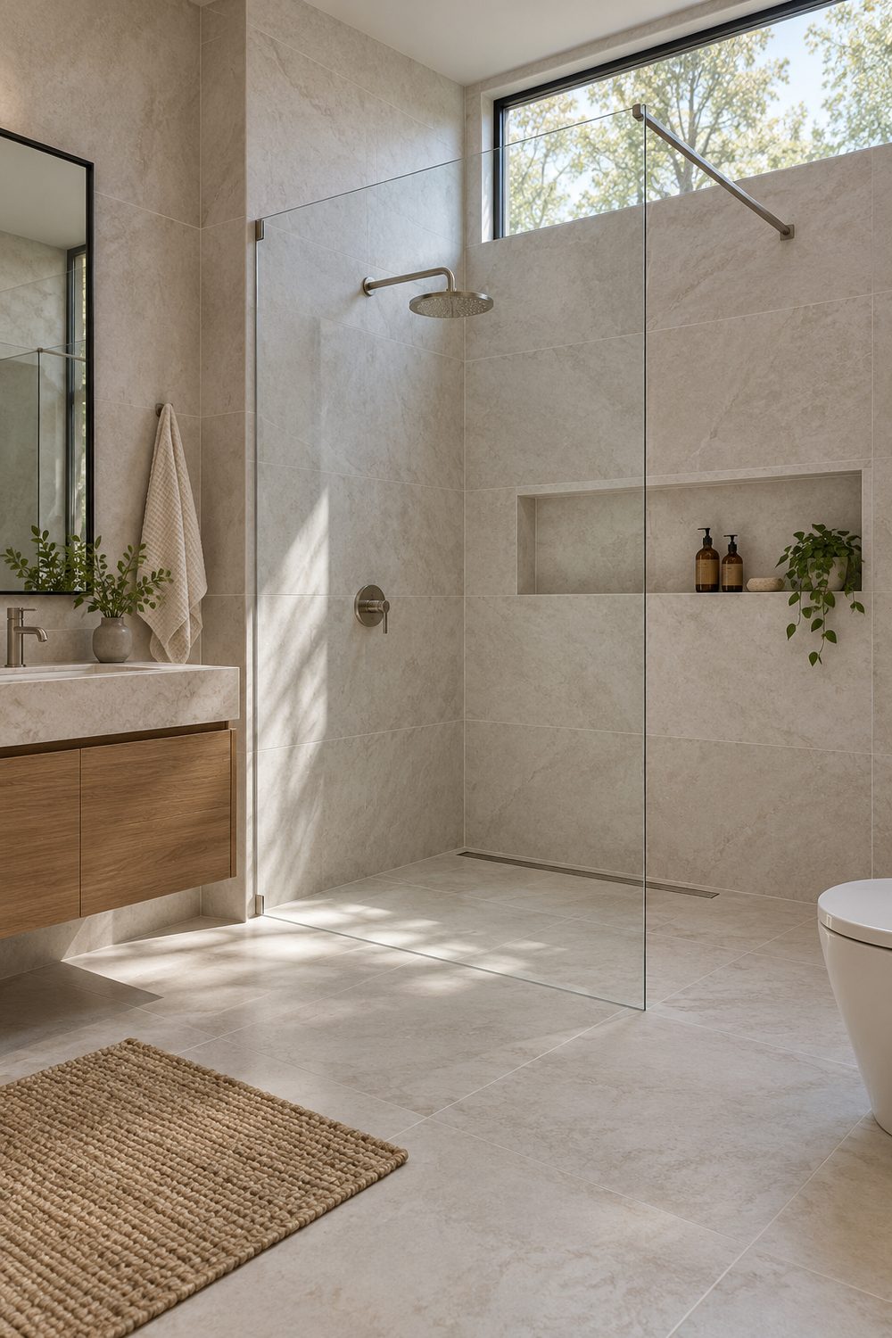Curbless walk-in shower with large pale stone-look porcelain tile, one fixed glass panel, a long niche and a window above
