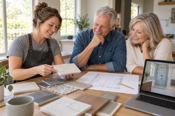 Designer in a charcoal apron going over tile samples and a floor plan with a smiling older couple at a kitchen table