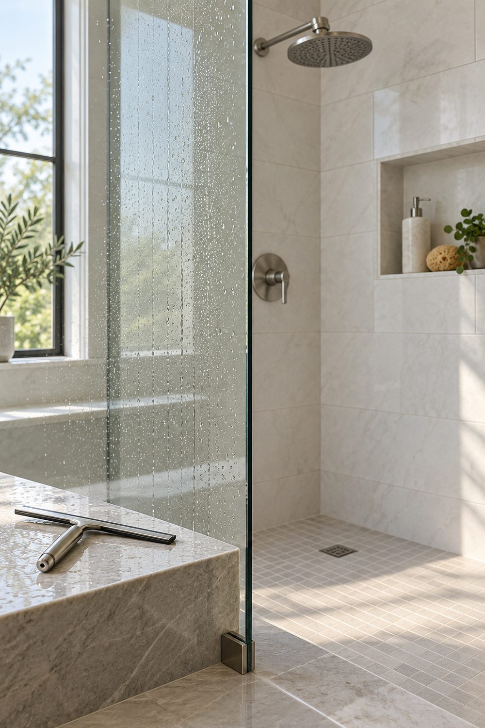 Frameless glass shower with a squeegee resting on a stone bench