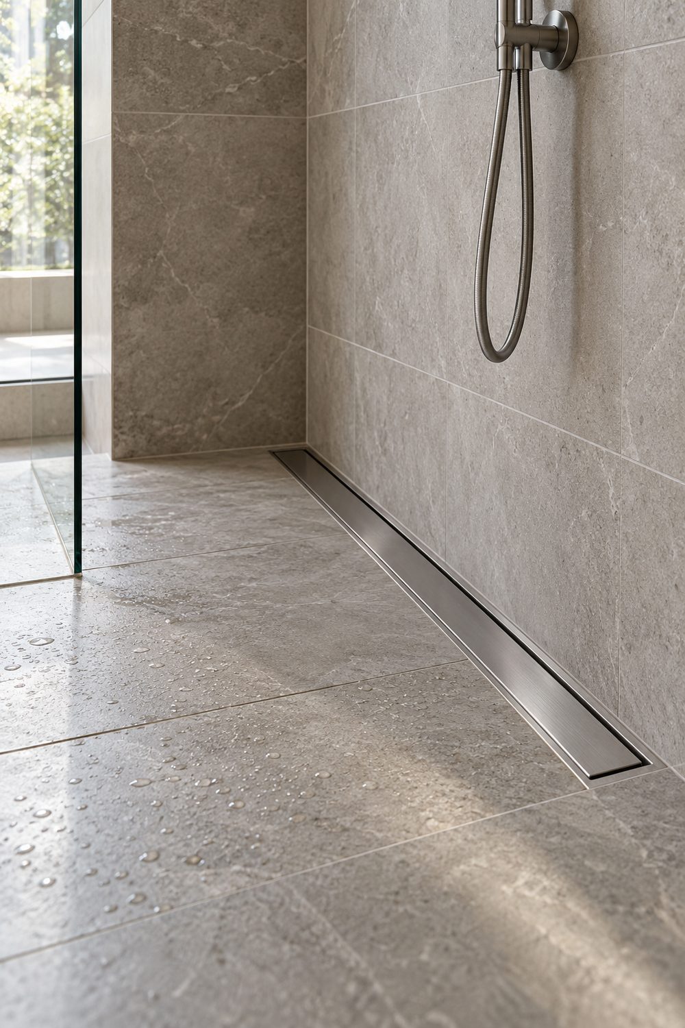 Large-format pale porcelain shower floor and wall with a stainless linear drain and a handheld shower
