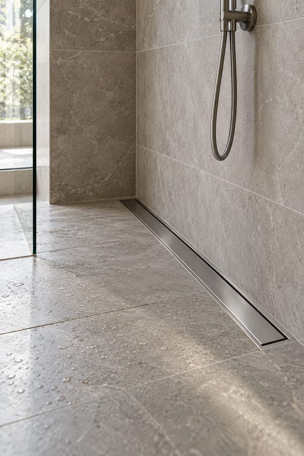 Large-format pale porcelain shower floor and wall with a stainless linear drain and a handheld shower