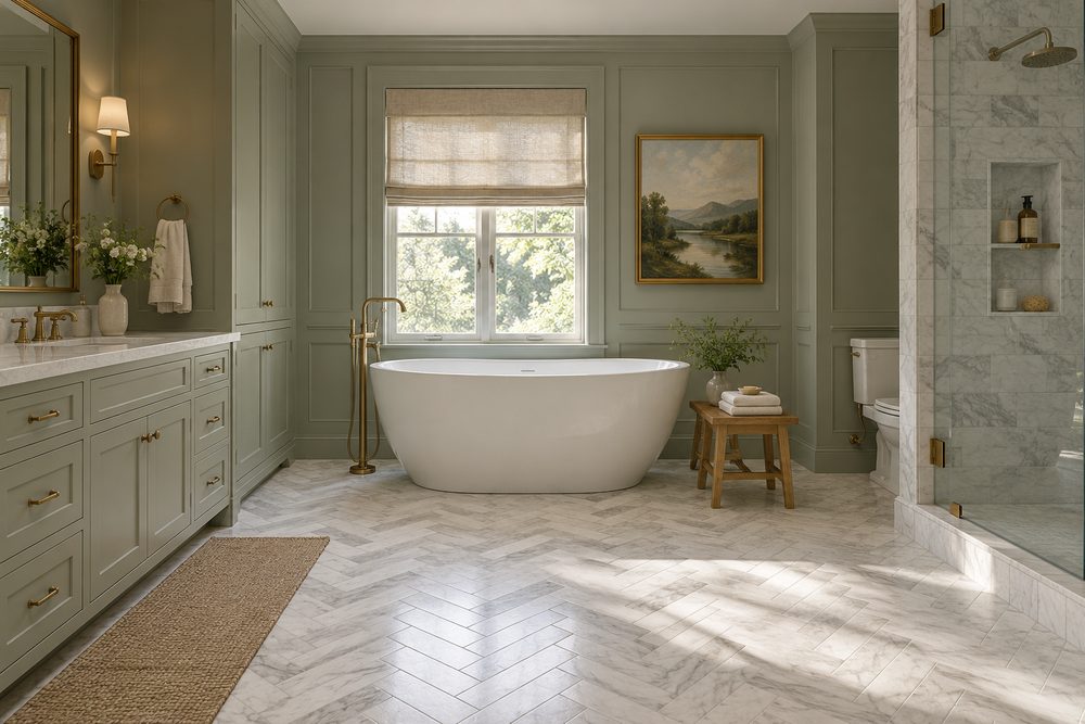 Bathroom with a honed marble herringbone floor, sage wall paneling, a freestanding tub and a linen roman shade