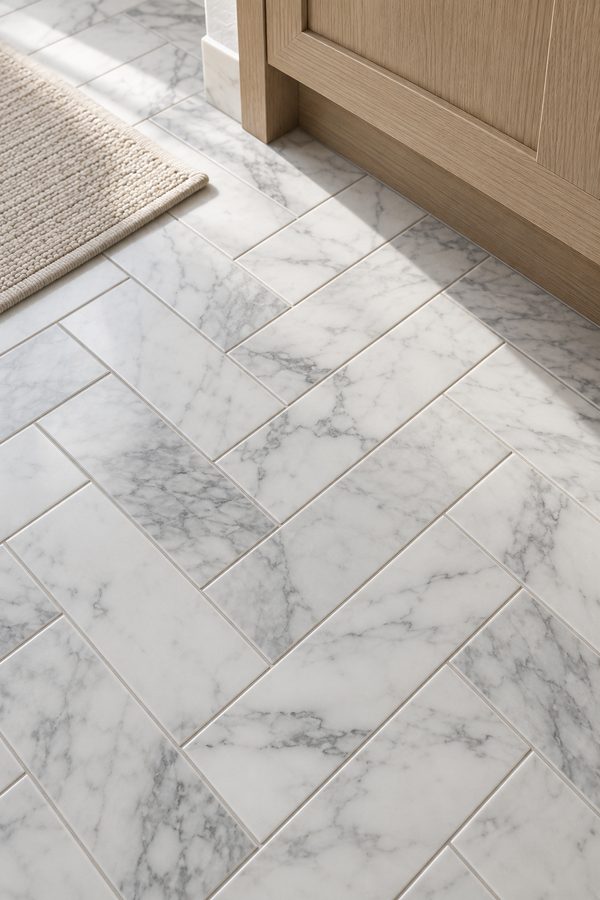 Close view of a honed white marble herringbone bathroom floor in soft daylight