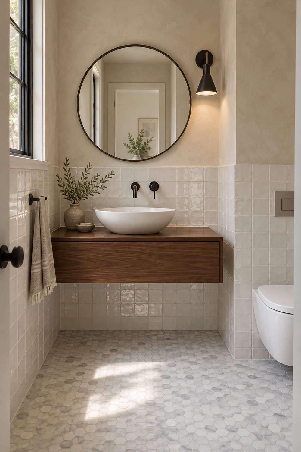Small powder room with a walnut shelf vanity, a white vessel sink with a wall-mounted matte black faucet and a round mirror