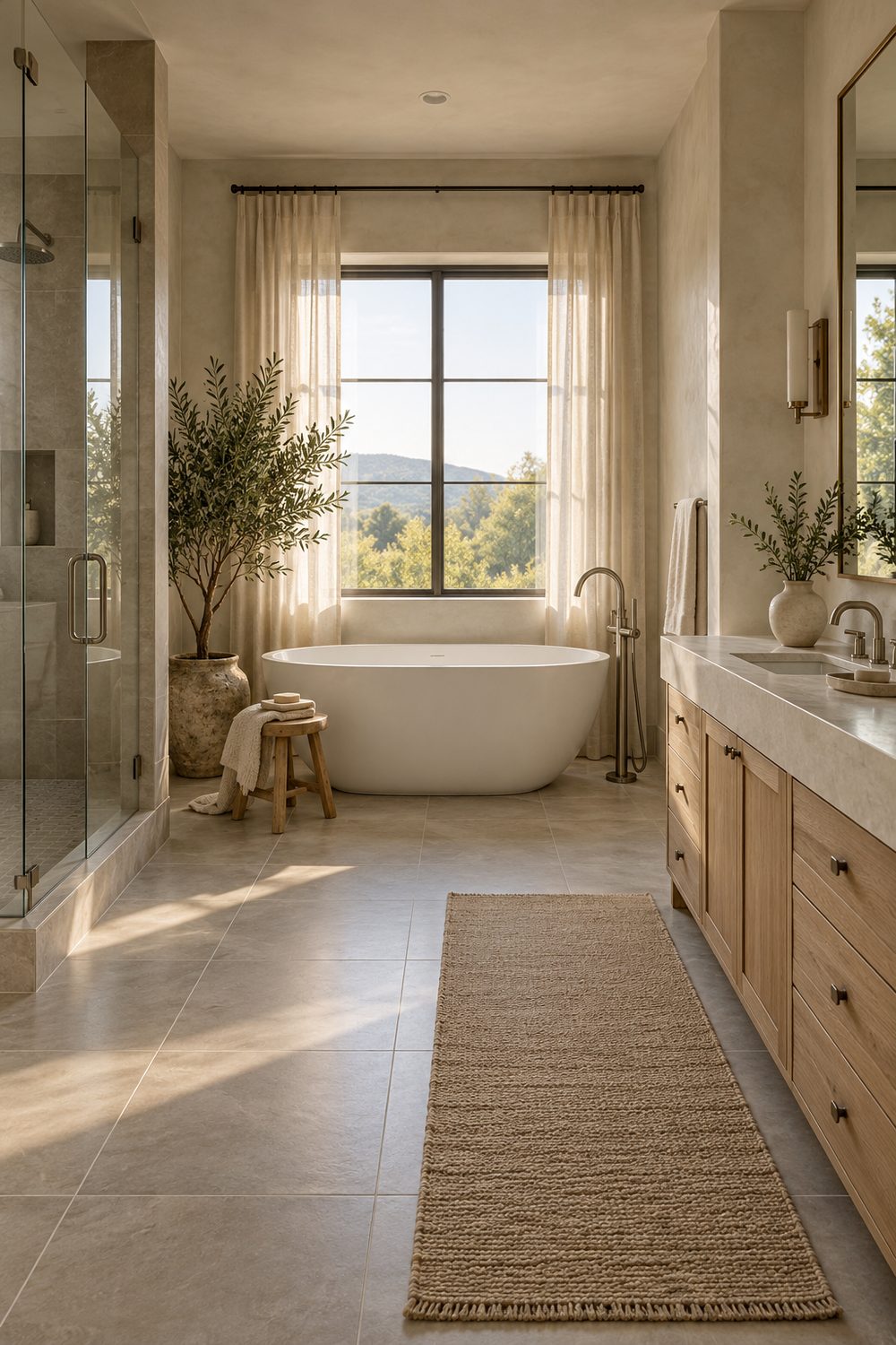 Primary bathroom with a white freestanding tub under a window with linen curtains, an olive tree and a white oak vanity