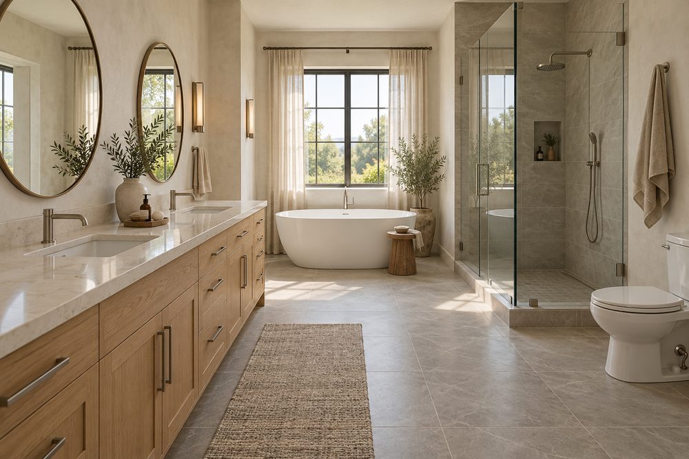 Primary bathroom suite with a long white oak double vanity, two round mirrors and a freestanding tub under the window