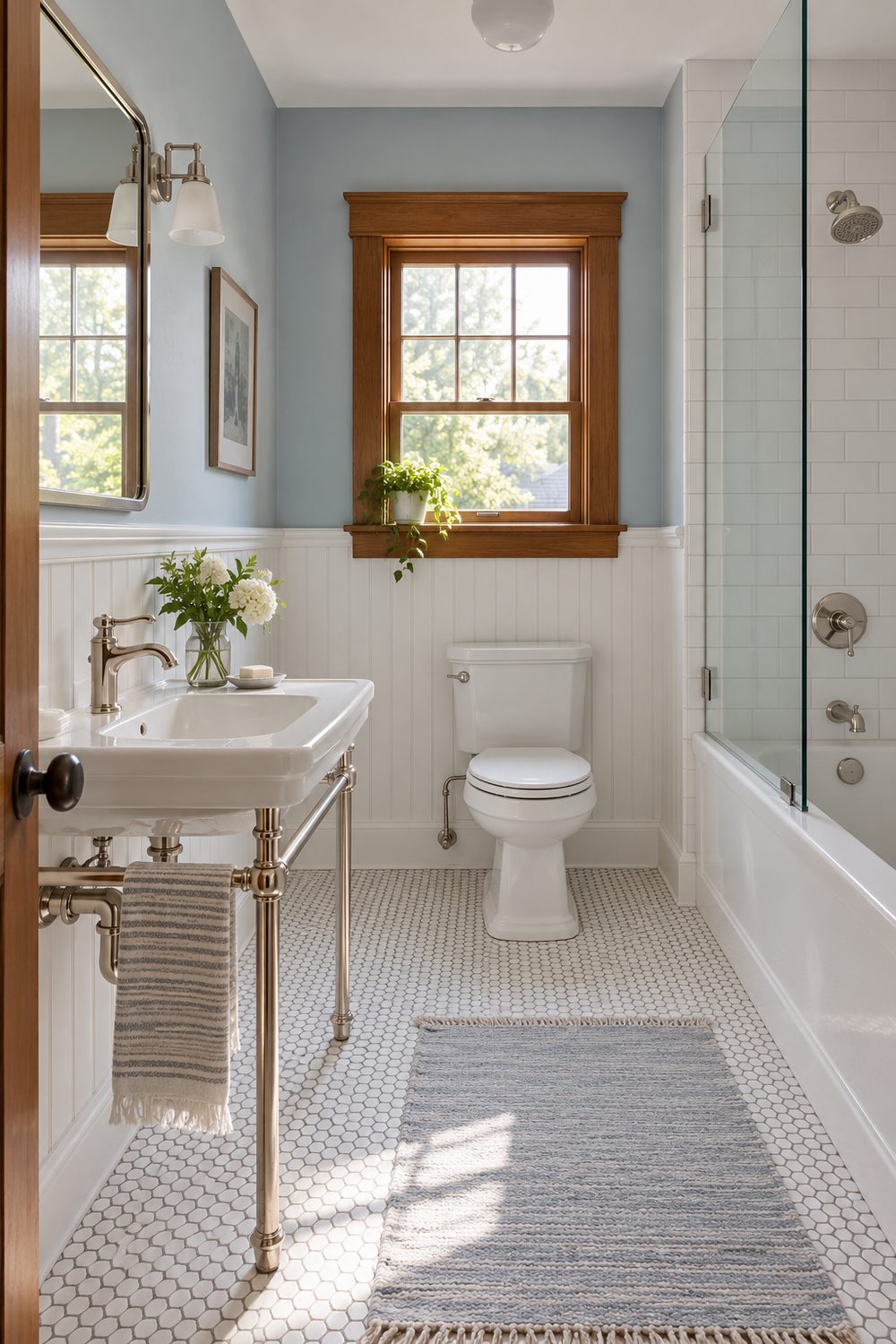 Renovated bathroom in an older house with a console sink, white penny tile floor, beadboard and an original wood window