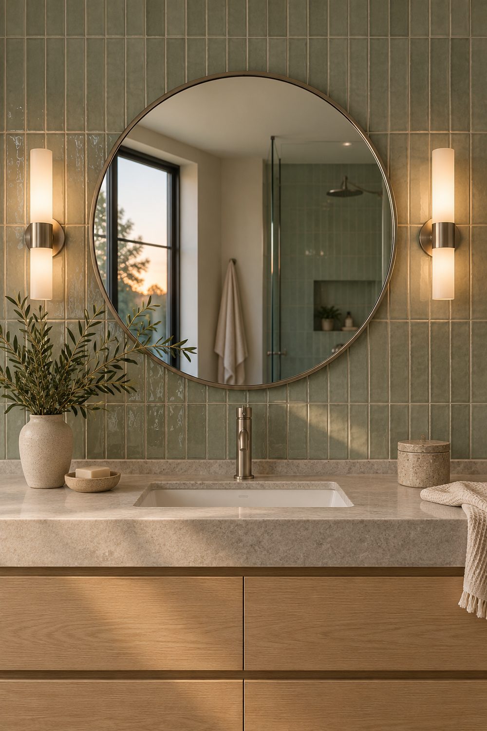 Round mirror between two warm wall sconces over an oak vanity with green tile behind