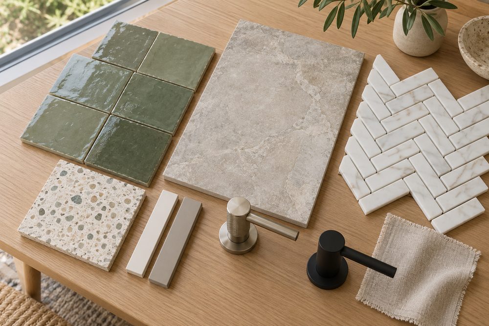 Sage zellige, stone-look porcelain, marble herringbone and terrazzo samples with brushed nickel and matte black handle samples on an oak table