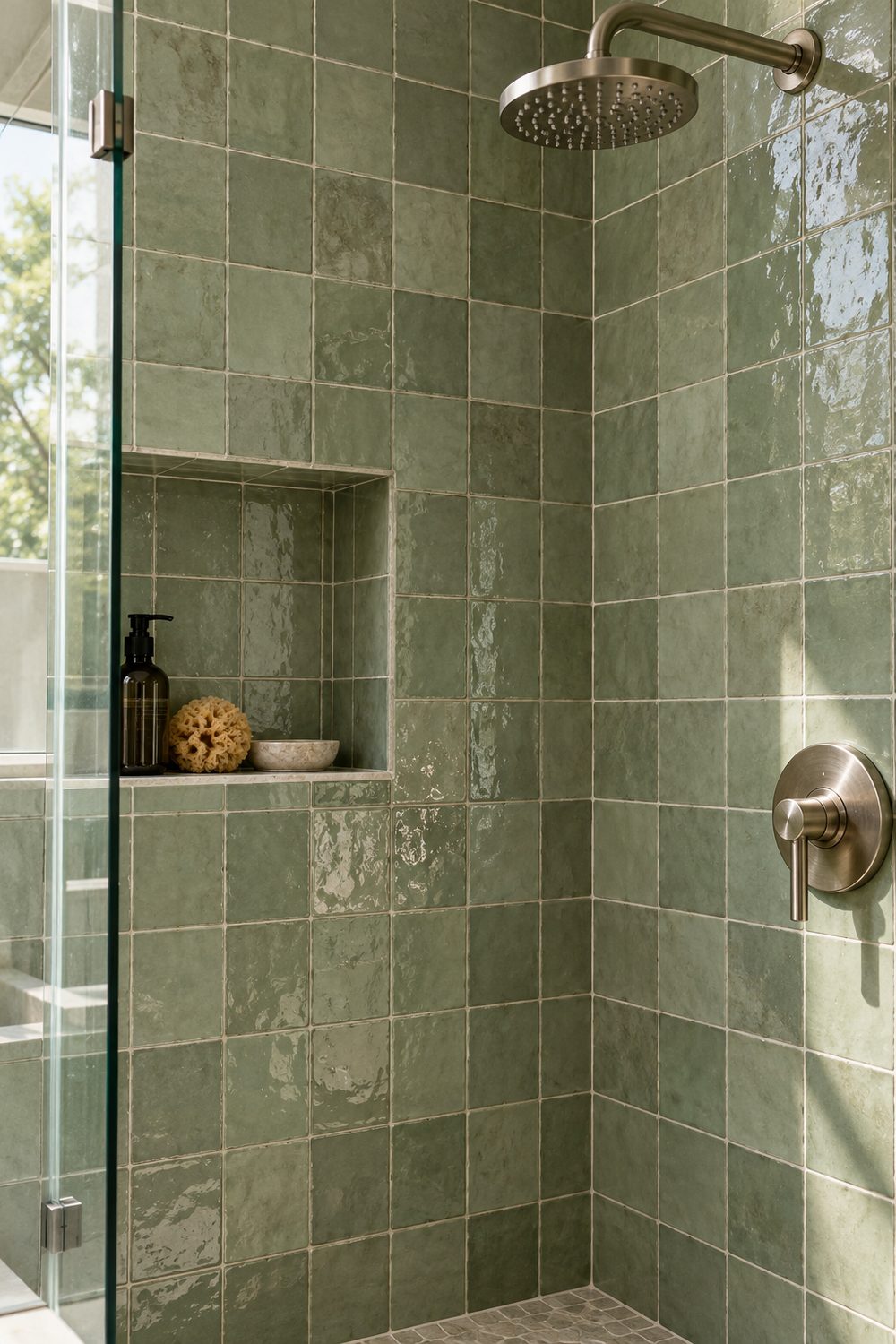 Close view of glossy sage zellige tile in a shower with a recessed niche and a brushed nickel rain head