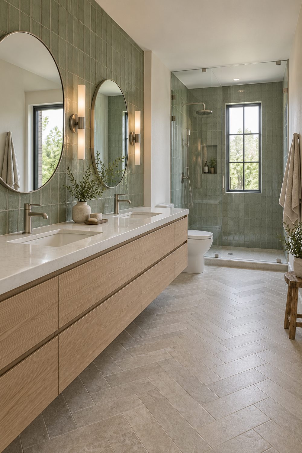Sage green zellige wall behind a white oak double vanity with two round mirrors, and a green tiled shower beyond