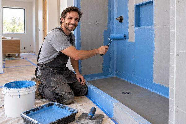 Smiling installer rolling blue liquid waterproofing membrane onto shower walls before tile