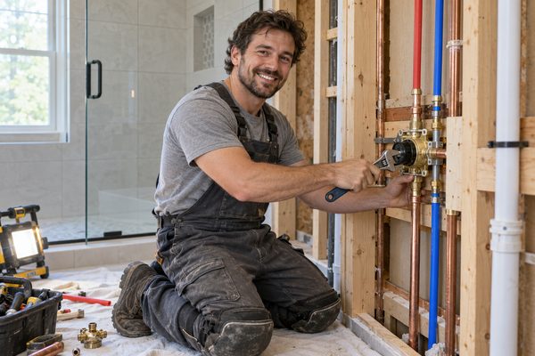 Smiling plumber kneeling to tighten a new shower valve in an open stud wall with red and blue water lines
