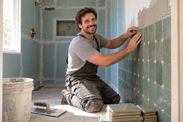 Smiling tile setter in a gray t-shirt and charcoal bib apron pressing green tiles onto a shower wall