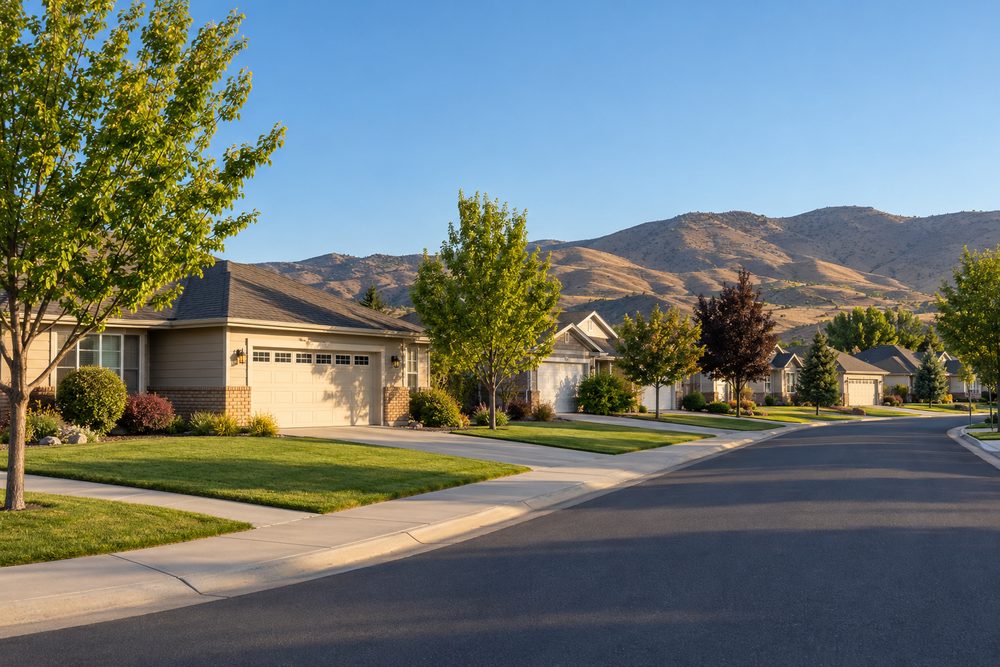 Quiet street of single-story 1990s and 2000s houses with young trees and brown foothills behind