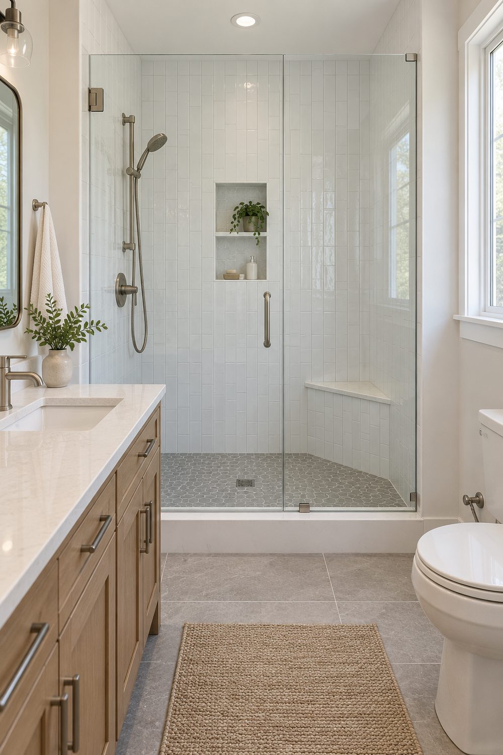 Walk-in shower built where a tub used to be, with white tile, a tiled bench, a niche and a glass door