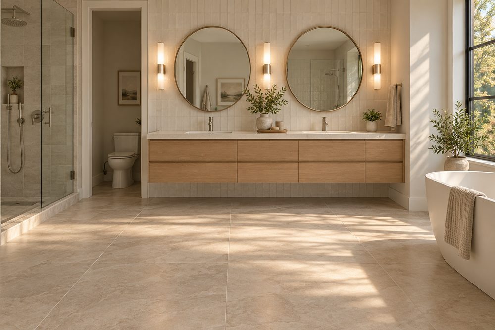 Long floating white oak double vanity with two round mirrors and sconces on a warm white tile wall